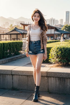 (masterpiece, top quality, best quality,1girls,Korean, beautiful face, smile, long hair, 19 years old, tank top, jacket, shorts, boots, hills, full body view, sunset