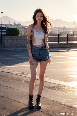 (masterpiece, top quality, best quality,1girls,Korean, beautiful face, smile, long hair, 19 years old, tank top, jacket, shorts, boots, hills, full body view, sunset