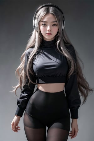 warm light room Beautiful woman with silver long hair against a grey background.over-the-ear headphones Smile,black tights top,Girl