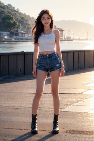 (masterpiece, top quality, best quality,1girls,Korean, beautiful face, smile, long hair, 19 years old, tank top, jacket, shorts, boots, hills, full body view, sunset