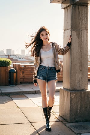 (masterpiece, top quality, best quality,1girls,Korean, beautiful face, smile, long hair, 19 years old, tank top, jacket, shorts, boots, hills, full body view, sunset