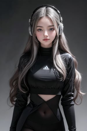 warm light room Beautiful woman with silver long hair against a grey background.over-the-ear headphones Smile,black tights top,Girl