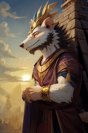 closeup,((furry)),((skaven1)) 1boy,((very white fur)), white priest robes with gold designs, gold jewelry, lots of gold jewelry, feather headdress, handsome features, high nose bridge, kind eyes, sharp jawline, standing high on top of an Aztec pyramid, big puffy clouds, dawn, morning light