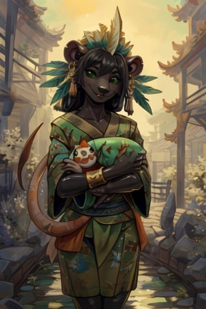 closeup,((furry)),((skaven1)) 1girl,((very black skin)), ((very dark skin)), saffron colored summer dress, (((open green kimono worn around shoulders))), white bracelet, feather headdress, striking features, high nose bridge, doe eyes, sharp jawline, plump lips, hourglass figure, hairband, stands relaxed, soft smile, ((cuddling a warpstone doll)), standing straight ahead,((facing viewer)),Chinese garden in background,pond behind her, filled with koi fish