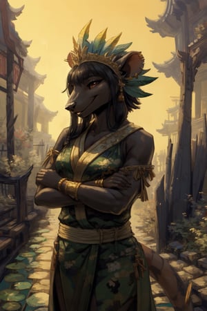 closeup,((furry)),((skaven1)) 1girl,((very black skin)), ((very dark skin)), saffron colored summer dress, open green kimono worn around shoulders, white bracelet, feather headdress, striking features, high nose bridge, doe eyes, sharp jawline, plump lips, hourglass figure, hairband, stands relaxed, soft smile, ((arms folded)), standing straight ahead,((facing viewer)),Chinese garden in background,pond behind her, filled with koi fish