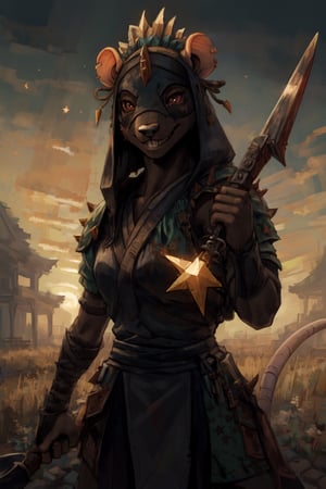 closeup,((furry)),((skaven1)) 1girl,((very black skin)), ((very dark skin)), green armor, ninja mask, feather headdress, striking features, high nose bridge, doe eyes, sharp jawline, plump lips, hourglass figure, hairband, stands ready to attack, dark grin, ((wielding a throwing star)), standing straight ahead,((facing viewer)),Japanese rice fields in the background, sunset