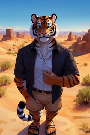 ((closeup)), 1boy, (adult), tall, (tiger), ((dark grey fur)), ((white and orange stripes)), furry male, facing viewer, (black button-down shirt), tan shorts, sandals, California desert in background, hills, sunny day