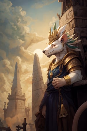 closeup,((furry)),((skaven1)) 1boy,((very white fur)), white priest robes with gold designs, gold jewelry, lots of gold jewelry, feather headdress, handsome features, high nose bridge, kind eyes, sharp jawline, standing high on top of an Aztec pyramid, big puffy clouds, dawn, morning light