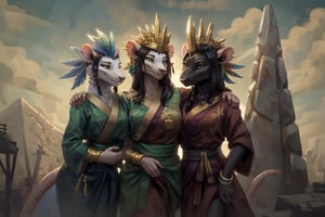 closeup,(((two people))),((furry)),((skaven1)) 1boy,((very white fur)), white priest robes with gold designs, gold jewelry, lots of gold jewelry, feather headdress, handsome features, high nose bridge, kind eyes, sharp jawline, standing high on top of an Aztec pyramid,((skaven1)) 1girl,((very black skin)), ((very dark skin)), standing next to him, saffron colored summer dress, (((open green kimono worn around shoulders))), white bracelet, feather headdress, striking features, high nose bridge, doe eyes, sharp jawline, plump lips, hourglass figure, hairband, stands relaxed, soft smile, ((cuddling a warpstone doll)), standing straight ahead,((facing viewer)), big puffy clouds, dawn, morning light, several pyramids far below, 