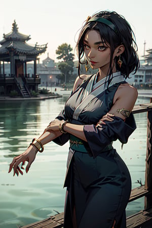 closeup,skaven1,((very black skin)), ((very dark skin)), saffron colored summer dress, open fuwawa_abyssgard green kimono worn around shoulders, white bracelet, striking features, high nose bridge, doe eyes, sharp jawline, plump lips, hourglass figure, hairband, stands relaxed, soft smile, ((arms spread)), standing straight ahead,art easel beside her with white paper,Chinese garden in background,pond,koi fish