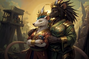 closeup,(((two people))),((furry)),((skaven1)) ((1boy)),((very white fur)), ((white priest robes with gold designs)), ((gold jewelry)), lots of gold jewelry, feather headdress, handsome features, high nose bridge, kind eyes, sharp jawline, standing high on top of an Aztec pyramid, BREAK, ((skaven1)) ((1girl)),((very black skin)), ((very dark skin)), standing next to him, saffron colored summer dress, (((open green kimono worn around shoulders))), white bracelet, feather headdress, striking features, high nose bridge, doe eyes, sharp jawline, plump lips, hourglass figure, hairband, stands relaxed, soft smile, ((cuddling a warpstone doll)), standing straight ahead,((facing viewer)), big puffy clouds, dawn, morning light, several pyramids far below, 