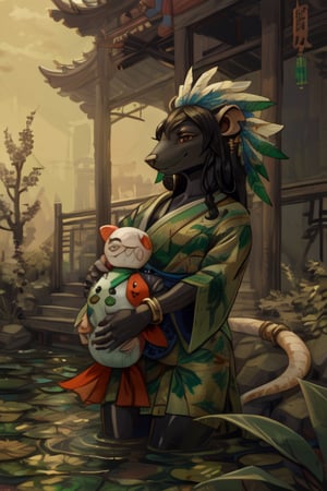 closeup,((furry)),((skaven1)) 1girl,((very black skin)), ((very dark skin)), saffron colored summer dress, (((open green kimono worn around shoulders))), white bracelet, feather headdress, striking features, high nose bridge, doe eyes, sharp jawline, plump lips, hourglass figure, hairband, stands relaxed, soft smile, ((cuddling a warpstone doll)), standing straight ahead,((facing viewer)),Chinese garden in background,pond behind her, filled with koi fish