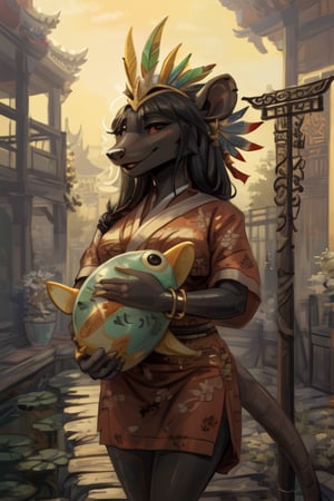 closeup,((furry)),((skaven1)) 1girl,((very black skin)), ((very dark skin)), saffron colored summer dress, open green kimono worn around shoulders, white bracelet, feather headdress, striking features, high nose bridge, doe eyes, sharp jawline, plump lips, hourglass figure, hairband, stands relaxed, soft smile, ((cuddling a warpstone doll)), standing straight ahead,((facing viewer)),Chinese garden in background,pond behind her, filled with koi fish