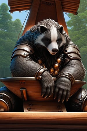 ((solo)), furry,bronze hair,animal ears,Furry Mix PDXL, furry male, badger, badger guy, metal fur, brass metal fur, made of titanium and steel, wearing thick armor, plate armor, stern but kind, glowing, sitting on a wooden seat in the middle of a gigantic, ancient tree, carved walls