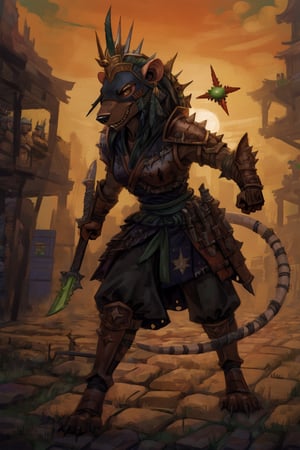 closeup,((furry)),((skaven1)) 1girl,((very black skin)), ((very dark skin)), green armor, ninja mask, feather headdress, striking features, high nose bridge, doe eyes, sharp jawline, plump lips, hourglass figure, hairband, stands ready to attack, confident grin, ((wielding an Aztec war club)), ((ninja throwing star)), standing straight ahead,((facing viewer)),Japanese rice fields in the background, sunset