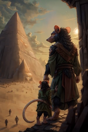 closeup, ((((two people)))), ((skaven1)) 1boy, red fur, armor, BREAK, ((skaven1)) 1girl, black fur, green kimono, standing next to him, big puffy clouds, dawn, morning light, several pyramids far below, 