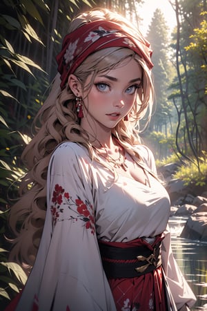 (masterpiece, best quality), 1girl, solo, (the sorceress:1.15), long curly brown hair, (red patterned headscarf), red and brown bodice, cream colored puffy and ruffled sleeves, multiple layered necklaces, (forest, river, evening), expressionless, only brown eyes, brown, very long hair, historical, (face focus, upper body), standing, highly intricate details, realistic light, parted lips