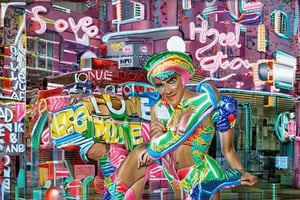 An award winning museum quality Photograph, of a man and a woman wearing multi-colored inflatable outfits, in a funky love hotel having sexual intercourse, well lit cinematic lighting, complex shadows, extremely detailed , hotshoe flash on subject, text reads:"love hotel" , 1990s Photoshop 
style, in the style of Raphael, 