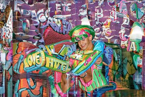 An award winning museum quality Photograph, of a man and a woman wearing multi-colored inflatable outfits, in a funky love hotel having sexual intercourse, well lit cinematic lighting, complex shadows, extremely detailed , hotshoe flash on subject, text reads:"love hotel" , 1990s Photoshop , in the style of Raphael 
style, in the style of Raphael, 