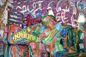 An award winning museum quality Photograph, of a man and a woman wearing multi-colored inflatable outfits, in a funky love hotel having sexual intercourse, well lit cinematic lighting, complex shadows, extremely detailed , hotshoe flash on subject, text reads:"love hotel" , 1990s Photoshop 
style, in the style of Raphael, 