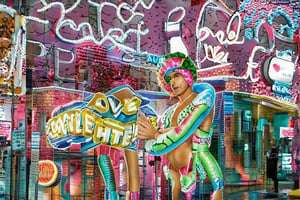 An award winning museum quality Photograph, of a man and a woman wearing multi-colored inflatable outfits, in a funky love hotel having sexual intercourse, well lit cinematic lighting, complex shadows, extremely detailed , hotshoe flash on subject, text reads:"love hotel" , 1990s Photoshop 
style, in the style of Raphael, 