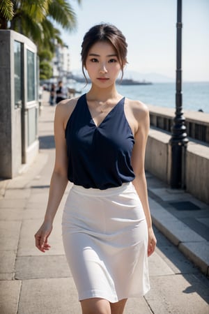A stunning Japanese woman, 22 years old with shoulder-length dark brown updo hair, gazes away seductively at the camera, her double eyelids and highly detailed, symmetrical, and glossy eyes captivating. Her natural, round, and large breasts are accentuated by a delicate necklace and blouse, which flows seamlessly into a loose, long skirt. Her slender legs are showcased in high heels, exuding confidence and sensuality. The soft curves of her body seem to glow under the pale skin tone (1.2). The background is a midnight blue seafront, where she's having a romantic date, the focus sharp on her face and legs. The overall image is a masterpiece of photorealistic detail, with high contrast and UHD:1.2 quality.