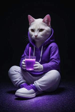 1 anthropomorphic cat sitting on a bed in a dark room illuminated by purple LED lights, holding a white cup of purple glowing juice while wearing a purple hoodie and jordan shoes 1