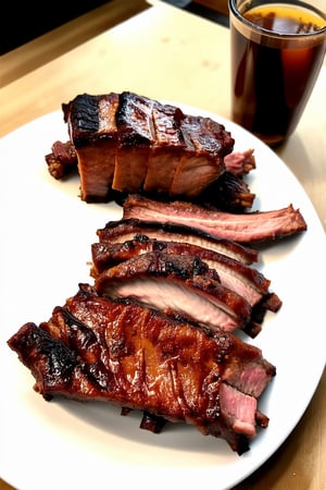 Steaming plate of Alabama BBQ ribs with sweet tea






