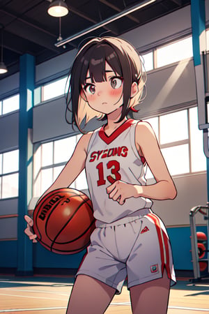 A teenage girl in a basketball uniform, practicing her shots alone in a gym early in the morning. The gym is dimly lit with sunlight streaming through the windows, and she is focused and determined