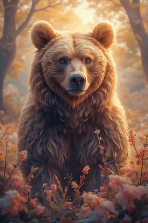 {{whimsical digital art of a majestic brown bear standing tall in the Alabama wilderness}, {bear surrounded by lush trees, wildflowers, and a hint of mist}, {warm, dramatic lighting casting long shadows, illuminating the bear's fur in rich brown tones}, {background features softly blurred trees and a glowing sunset sky}, {slightly stylized with gentle brush strokes and vibrant colors}, {dreamlike atmosphere, capturing a magical wilderness setting}, {high-resolution, 4k}.




