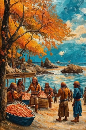 Coastal scene with Native Americans gathering seafood, autumn colors





