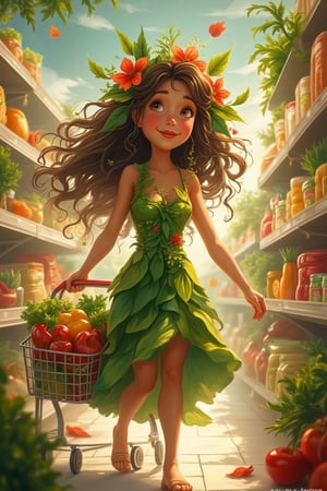 {whimsical digital illustration of Mother Nature grocery shopping}, {Mother Nature in a lush, leaf-textured dress with vines and flowers woven into her hair}, {happily pushing a cart filled with fresh, organic produce and herbs}, {supermarket aisle subtly decorated with plants and greenery that follow her presence}, {cheerful expression, radiating joy and connection to nature}, {bright colors with gentle, cartoonish details}, {magical, animated atmosphere with soft lighting}, {high-resolution, 300 dpi}.



