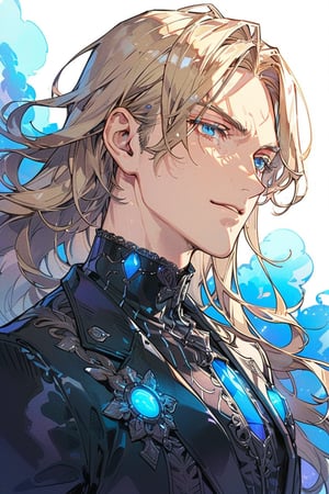 //quality masterpiece, best quality, masterpiece, best quality, ultra-detailed, 8K, High detailed, masterpiece, best quality, aethetic,agent, manhwa art style //male, young man, beautiful eyes, detailed eyes, blue eyes, iris, symmetrical eyes sexy face, detailed body, blonde hair, long straight hair, straight hair, smug, shining eyes, sharp eyes, long bands, beautiful face, beautiful eyes with eyes line, muscular body, // white body, male,holographic detailed clothes, lace, lace clothes, aesthetic color, standing, black suit, agent suit, blue light,glows, upper body, from the side, looking at the viewer, art background, jelly artstyle, Sci-fi world, futuristic concept art, gorgeous midjourney art design character sheet, sexy vibe, long body, muscular body, handsome face, beautiful color, macho