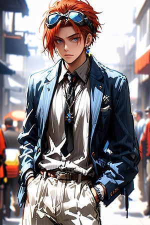by Posuka Demizu,solo, 1boy, male_focus, red_hair, hands_in_pockets, jewelry, white_background, shirt, necktie, pants, collared_shirt, white_pants, white_shirt, goggles, black_necktie, goggles_on_head, looking_at_viewer, simple_background, earrings, jacket, eyewear_on_head, blue_jacket, necklace, cowboy_shot, open_mouth, short_hair, sketch, blue_eyes, sunglasses,Masterpiece, good quality,very aesthetic, absurdres, ultra-detailed,more detail XL,nodf_xl,niji5