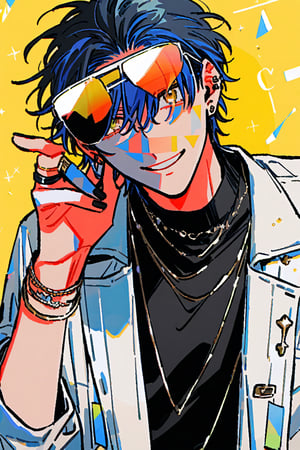 (by sakanomachico:1.3),(by aogisa:1.2),(by honlo:1.1), by sofra,newest,late,1boy, male_focus, solo, sunglasses, multicolored_hair, jewelry, yellow_background, yellow_eyes, ring, smile, looking_at_viewer, eyewear_on_head, heterochromia, black_hair, jacket, earrings, upper_body, blue_hair, black_shirt, bracelet, shirt, freckles, black_nails, white_jacket, short_hair, simple_background, ear_piercing, two-tone_hair,(Masterpiece, best quality :1.4),very aesthetic, absurdres, ultra-detailed