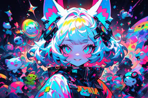 glitch art, A cute blue and white furry cat with black space helmet, glitchcore, A vibrant, psychedelic collage of iconic 90s pop culture elements like pixelated video game characters and neon colors. The background is filled with swirling patterns and holographic effects. In the center there's an oversized cartoon character smiling surrounded by colorful stickers saying "smile" and "sparkle", in the style of Hardigits, pixelated, glitched, fragmented, digital print on black background,(Masterpiece, good quality: 1.4),very aesthetic, absurdres, ultra-detailed
