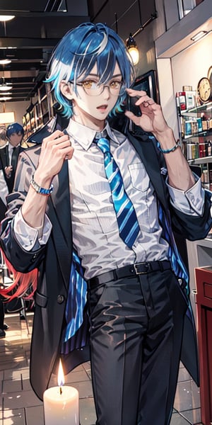 candle, necktie, solo, 1boy, male_focus, striped_necktie, open_mouth, shirt, glasses, round_eyewear, looking_at_viewer, collared_shirt, striped, long_sleeves, hands_up, pants,golden eyes, split-color_hair, blue hair, two-tone_hair, multicolored_hair, red hair