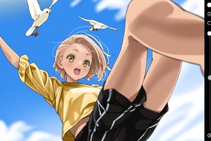 (by gachou:1.3), (by sankuro_\(agoitei\):1.2), (by misumi_\(macaroni\):1.1), by misekai_555,newest, late,An animated image of a woman in a white shirt and black shorts is jumping in the air. She is holding a white ball in her right hand. A white bird is flying in the sky above her. A person's hand is visible on the right side of the image. There is a blue sky with white fluffy clouds in the background. A yellow top is visible in the top left corner of this image.(Masterpiece, best quality :1.4), very aesthetic, absurdres, ultra-detailed,score_9, score_8_up, score_7_up, ratting_safe, intricate details on the clothes