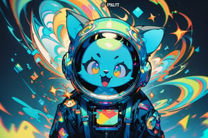 glitch art, A cute blue and white furry cat with black space helmet, glitchcore, A vibrant, psychedelic collage of iconic 90s pop culture elements like pixelated video game characters and neon colors. The background is filled with swirling patterns and holographic effects. In the center there's an oversized cartoon character smiling surrounded by colorful stickers saying "smile" and "sparkle", in the style of Hardigits, pixelated, glitched, fragmented, digital print on black background,(Masterpiece, good quality: 1.4),very aesthetic, absurdres, ultra-detailed,
