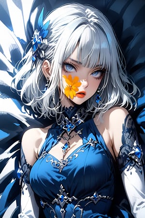 by Posuka Demizu,1girl, solo, blue_theme, dress, short_hair, lying, gloves, looking_at_viewer, on_back, blue_dress, parted_lips, white_hair, hair_ornament, blue_gloves, bangs,Masterpiece, good quality,very aesthetic, absurdres, ultra-detailed,niji5