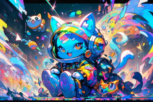 glitch art, A cute blue and white furry cat with black space helmet, glitchcore, A vibrant, psychedelic collage of iconic 90s pop culture elements like pixelated video game characters and neon colors. The background is filled with swirling patterns and holographic effects. In the center there's an oversized cartoon character smiling surrounded by colorful stickers saying "smile" and "sparkle", in the style of Hardigits, pixelated, glitched, fragmented, digital print on black background,(Masterpiece, good quality: 1.4),very aesthetic, absurdres, ultra-detailed,watercolor \(medium\)