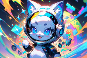 glitch art, A cute blue and white furry cat with black space helmet, glitchcore, A vibrant, psychedelic collage of iconic 90s pop culture elements like pixelated video game characters and neon colors. The background is filled with swirling patterns and holographic effects. In the center there's an oversized cartoon character smiling surrounded by colorful stickers saying "smile" and "sparkle", in the style of Hardigits, pixelated, glitched, fragmented, digital print on black background,(Masterpiece, good quality: 1.4),very aesthetic, absurdres, ultra-detailed,hentai,Anime 