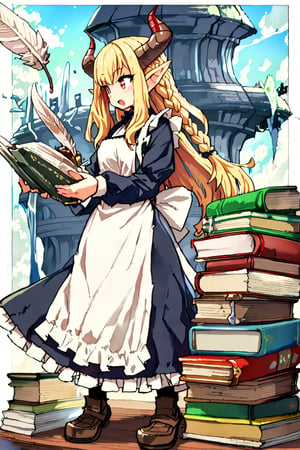 by Posuka Demizu,1girl, long hair, open mouth, blonde hair, dress, holding, braid, horns, pointy ears, apron, book, floating, open book, fantasy, size difference, giant, book stack, quill,(Masterpiece, good quality: 1.4)