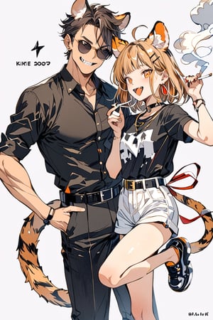 furry, furry_male, shirt, black_pants,  2boys, animal_ears, pants, shoes, tail, standing, collared_shirt, male_focus, white_fur, short_sleeves, hand_on_hip, looking_at_viewer, white_background, full_body, sunglasses, closed_mouth, arm_up, tiger_ears, multicolored_fur, orange_fur, tiger_tail, grey_fur, body_fur, smoke, hand_up, smile, shorts, black_fur, black_shirt, standing_on_one_leg, belt, black_footwear, tiger_boy, simple_background, tiger_stripes, green_footwear, sneakers, cigarette, black_belt, holding_cigarette, smoking, animal_print, leg_up, open_mouth, siblings, artist_name, height_difference, english_text, fangs