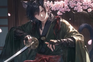 1boy, male_focus, animal_ears, cat_ears, weapon, tail, solo, sword, cat_tail, gloves, cherry_blossoms, black_hair, fingerless_gloves, cat_boy, looking_at_viewer, smile, petals, katana, japanese_clothes, sitting, holding, short_hair. (masterpiece:1.3), (best quality:1.3),niji6