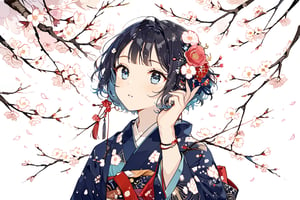 traditional Japanese illustration, nihonga, solo, black_hair, japanese_clothes, upper_body, wide_sleeves, flower, long_sleeves, 1boy, male_focus, blue_kimono, kimono, short_hair, pink_flower, hakama, branch, hands_up, 1girl, looking_to_the_side, cherry_blossoms, blue_hakama,Masterpiece, good quality,very aesthetic, absurdres, ultra-detailed,