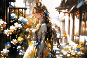 (by ningenmame:1.1), (by ciloranko:1.2),(by sho_(sho_lwlw):1.2)contemporary anime illustration,flower, dress, blonde_hair, long_hair, white_dress, crown, 2girls, star_(symbol), long_sleeves, profile, ribbon, walking, signature, traditional_media, plant, braid,fantasy,pop culture references,Masterpiece, good quality,very aesthetic, absurdres, ultra-detailed,watercolor \(medium\),niji5