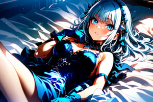 by Posuka Demizu,1girl, solo, blue_theme, dress, short_hair, lying, gloves, looking_at_viewer, on_back, blue_dress, parted_lips, white_hair, hair_ornament, blue_gloves, bangs,Masterpiece, good quality,very aesthetic, absurdres, ultra-detailed,more detail XL,niji6