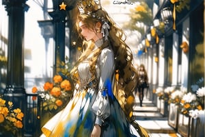 (by ningenmame:1.1), (by ciloranko:1.2),(by sho_(sho_lwlw):1.2)contemporary anime illustration,flower, dress, blonde_hair, long_hair, white_dress, crown, 2girls, star_(symbol), long_sleeves, profile, ribbon, walking, signature, traditional_media, plant, braid,fantasy,pop culture references,Masterpiece, good quality,very aesthetic, absurdres, ultra-detailed,watercolor \(medium\),niji5