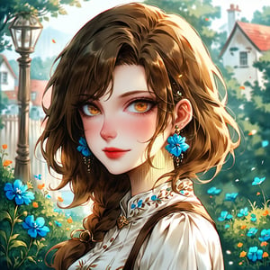 (by changye:1.3),(by namahamu_\(hmhm_81\):1.2,(by muta_poo:1.1),by 7gao,newest,late,emotional realism,
cinematic anime art, 1girl, solo, smile, flower, looking_at_viewer, short_hair, shirt, brown_hair, blue_flower, white_shirt, jewelry, earrings, dutch_angle, bangs, open_mouth, portrait, brown_eyes, bob_cut, teeth, outdoors.(Masterpiece, best quality :1.4),very aesthetic, absurdres, ultra-detailed,watercolor \(medium\),niji5